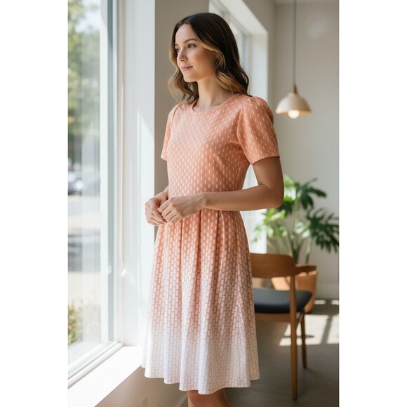 Lularoe Amelia Pleated Dress Orange Coral Arrows Dots Ombré Dip Size XL Flare - Picture 2 of 10